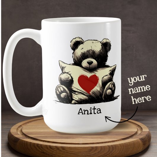 Mug Cute Teddy Bear Hug Coussin Red Heart Nom personna