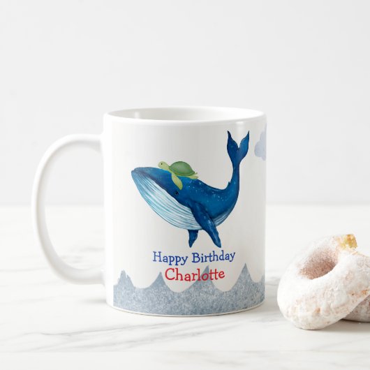 Mug Cute tortue Baleine course océan Anniversaire fête (Avec donut)