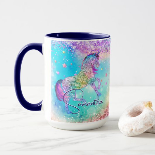Mug Cute unicorn rose Parties scintillant arc-en-ciel (Avec donut)