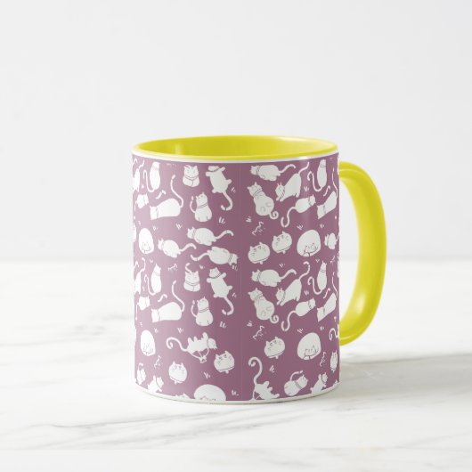 Mug Cute White Cats Pattern on Mauve Background (Devant droit)