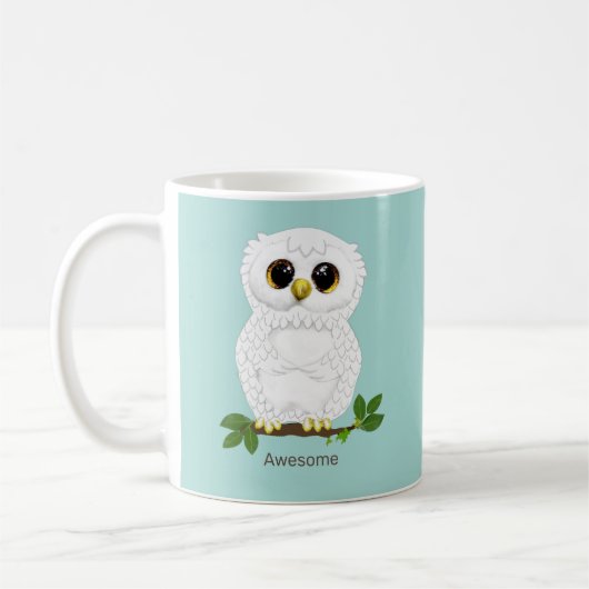 Mug Cute White Owl et Laurel Feuilles sur Turquoise (Gauche)