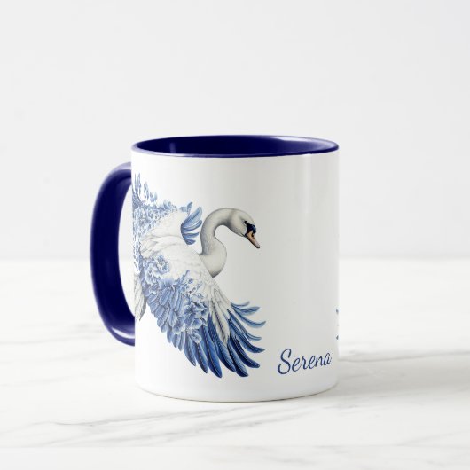 Mug Cygne Floral Flying Blue Monogramme (Devant gauche)
