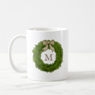Mug Cypress Wreath With Ribbon Bow Custom Monogramme
