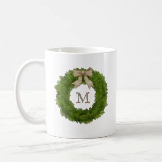 Mug Cypress Wreath With Ribbon Bow Custom Monogramme (Gauche)