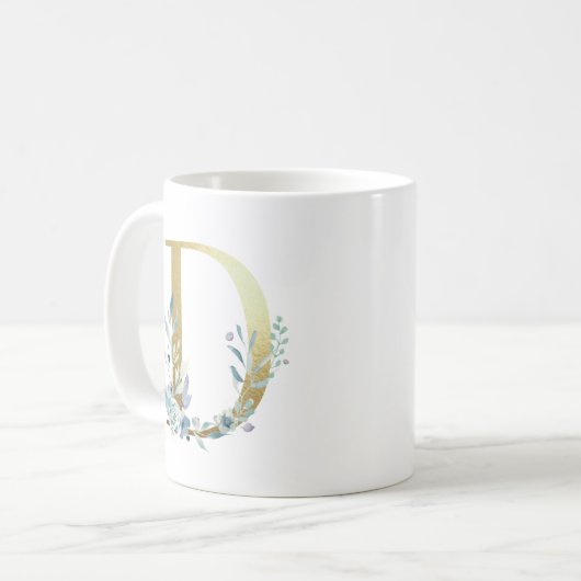 Mug D initial en or avec feuillage floral bleu (Devant gauche)
