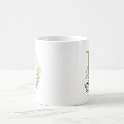 Mug D initial en or avec feuillage floral bleu (Centre)
