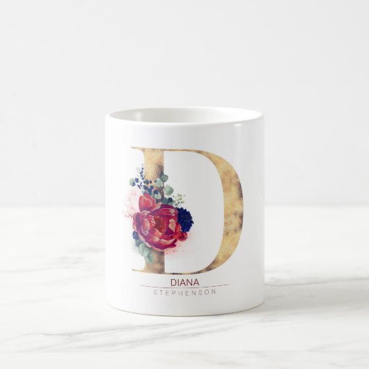 Mug D Monogramme Floral Bourgogne Rouge et Navy Blue (Centre)