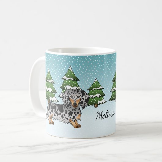 Mug Dachshund à longs poils noir et tan panaché en hiv (Devant gauche)