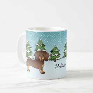 Mug Dachshund à poil court chocolat et fauve en hiver