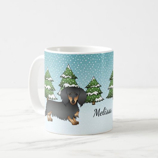 Mug Dachshund à poil long noir et feu - Forêt d'hiver (Devant gauche)