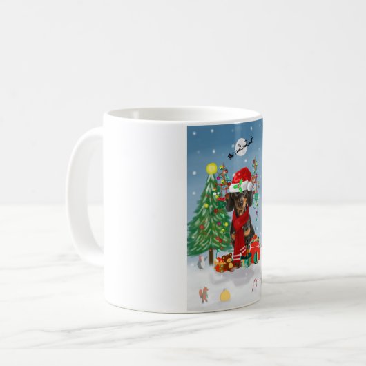 Mug Dachshund Chien en neige avec cadeaux de Noël (Devant gauche)