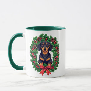 Mug Dachshund de Noël avec couronne de pin festive