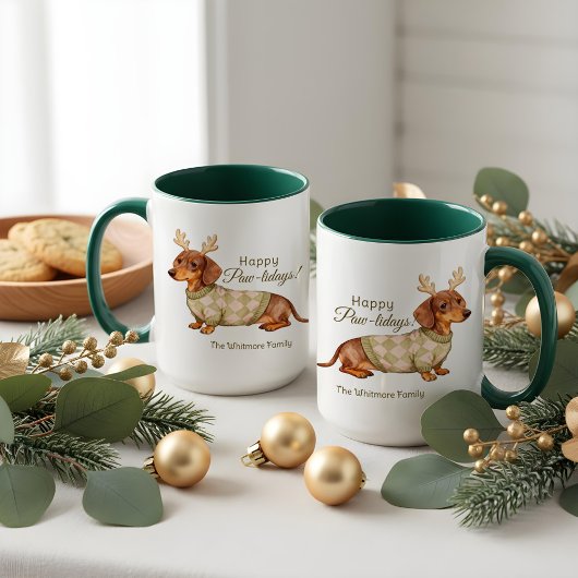 Mug Dachshund Dog Antlers Christmas Checkered Sweater