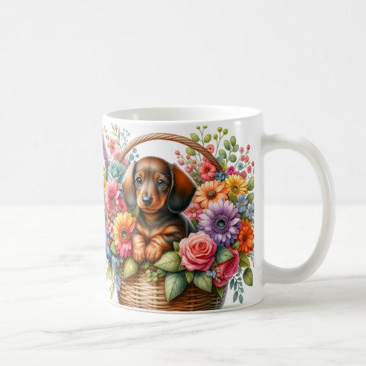 Mug Dachshund en panier avec fleurs (Droite)