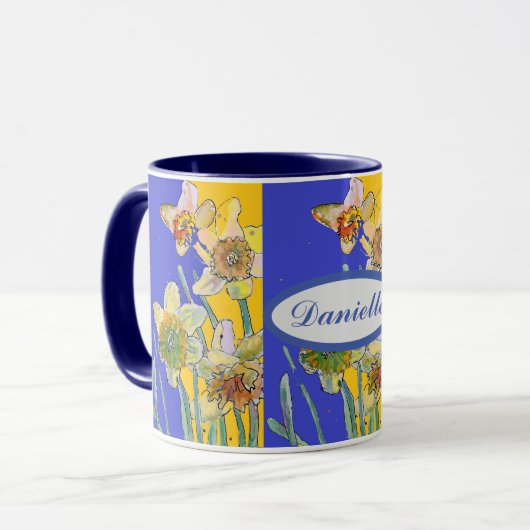 Mug Daffodil Peinture Aquarelle Jaune Bleu floral (Devant gauche)