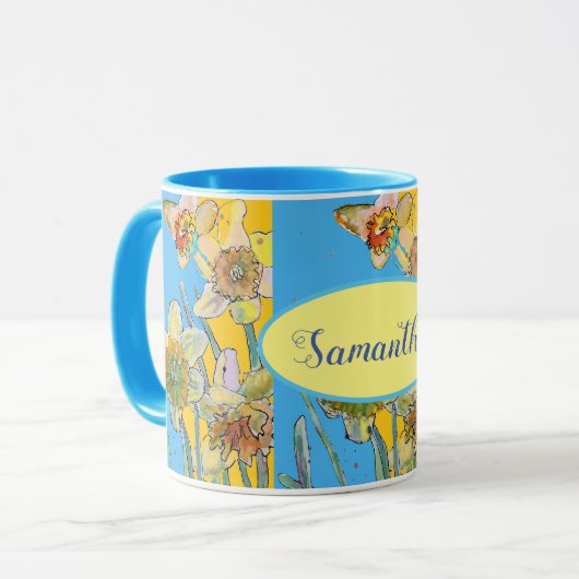 Mug Daffodil Peinture Aquarelle Jaune Bleu floral (Devant gauche)