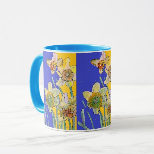 Mug Daffodil Peinture Aquarelle Jaune Bleu floral Mu (Devant gauche)