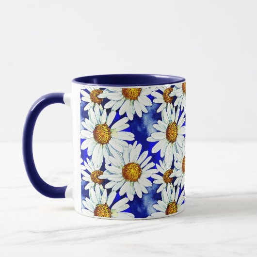 Mug Daises aquarelles sur fond bleu denim (Gauche)