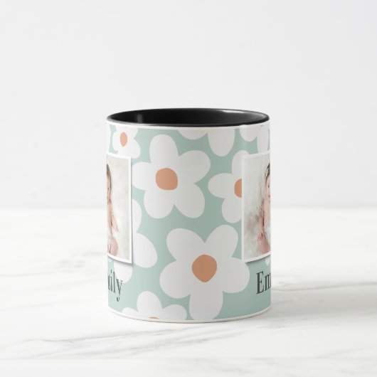Mug Daisy floral boho retro photo turquoise orange (Centre)