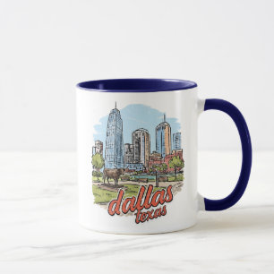 Mug Dallas Texas Skyline Longhorn Rétro Cité-paysage