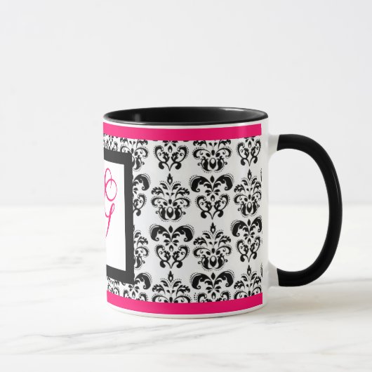 Mug DAMASK MONOGRAM, rose Fuchsia noir blanc floral (Droite)