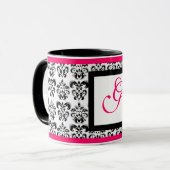 Mug DAMASK MONOGRAM, rose Fuchsia noir blanc floral (Devant gauche)