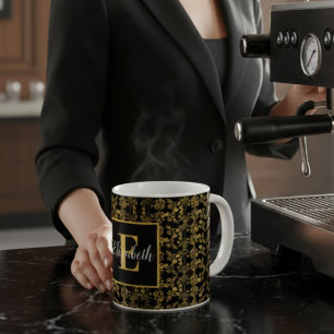 Mug Damassé floral noir et or Royal monogrammé
