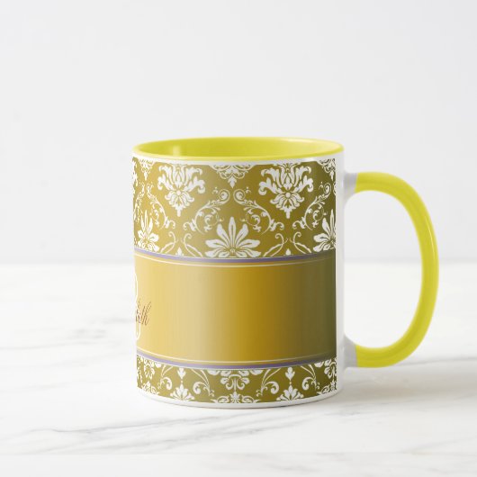 Mug Damassé jaune de monogramme et blanche d'or (Droite)