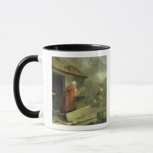 Mug Dame âgée ondulant un bâton à un garçon, 1793 (Gauche)