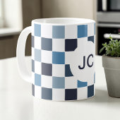 Mug Damier Bleu Blanc Moderne Simple Monogramme