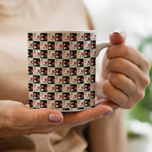 Mug damier noir et blanc Fleurs roses uniques