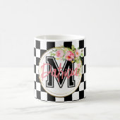Mug damier noir et blanc rose Floral monogramme (Centre)