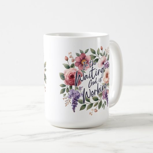 Mug Dans l'attente Dieu travaille Floral Christian (Devant droit)