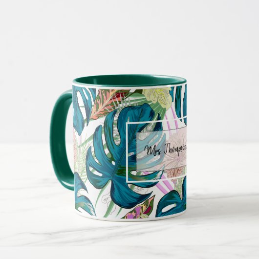 Mug Dark turquoise monstera, delicate peach and yellow (Devant gauche)