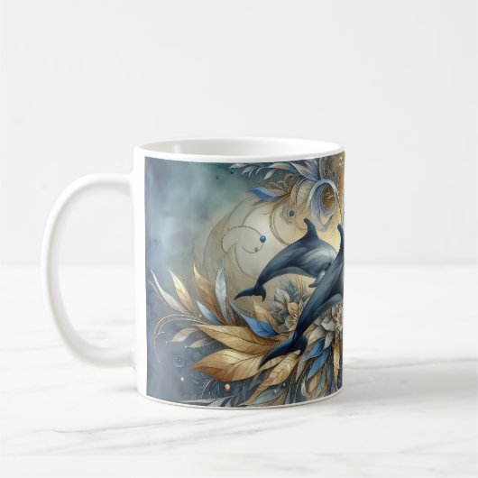 Mug Dauphins Élégants avec Vagues Florales Dorées (Gauche)