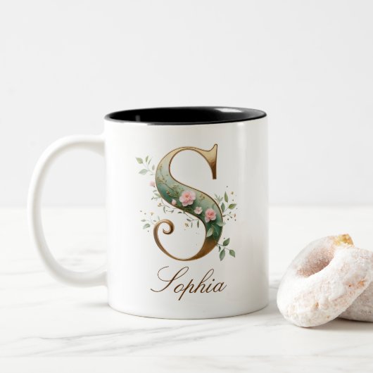 Mug de café à deux tons avec initiale florale en o (Avec donut)