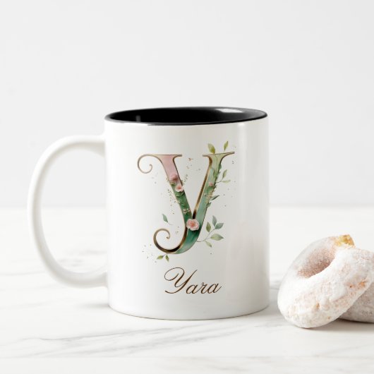 Mug de café à deux tons avec initiale florale en o (Avec donut)