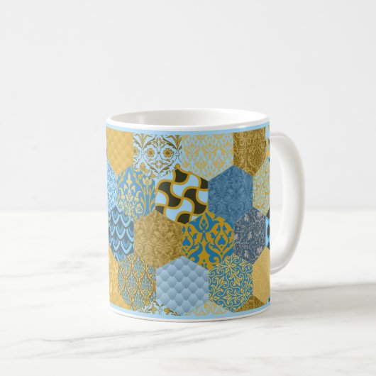 Mug de café à patchwork bleu et jaune (Devant droit)