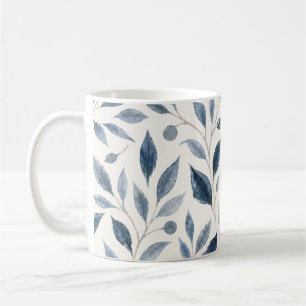 Mug de Café aux Feuilles Élégantes Aquarelle Bleue