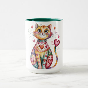 Mug de café coloré avec design de chat et de cœurs