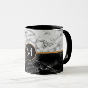 Mug de café en marbre noir blanc avec lettre perso