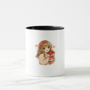 Mug de café Fille Anime Mignonne tenant des Roses
