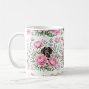 Mug de café floral à la pivoine rose avec dachshun