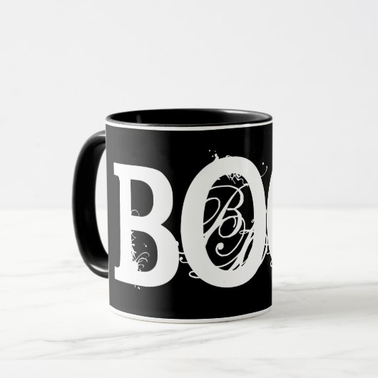 Mug de café Halloween "BOO!" noir (Devant gauche)