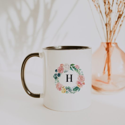 Mug de café Monogramme à couronne florale