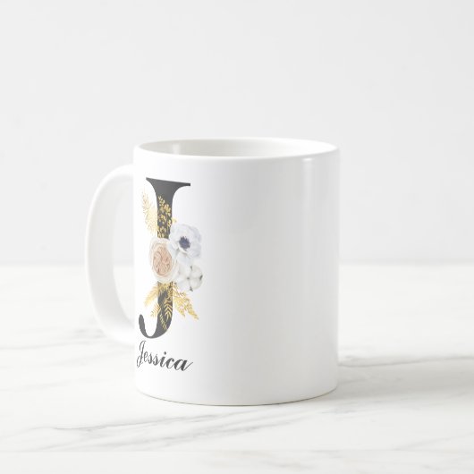 Mug de café monogramme - Floral noir initial J (Devant gauche)