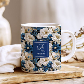 Mug de café personnalisé avec fleurs bleues marine