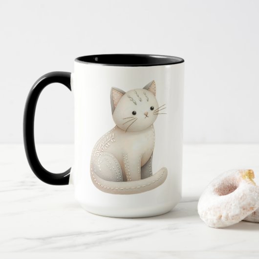 Mug de chats de chou beige brodé (Avec donut)