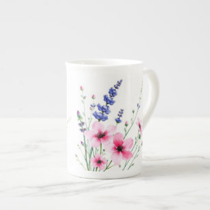 Mug de Chine osseuse - Fleurs roses et violettes