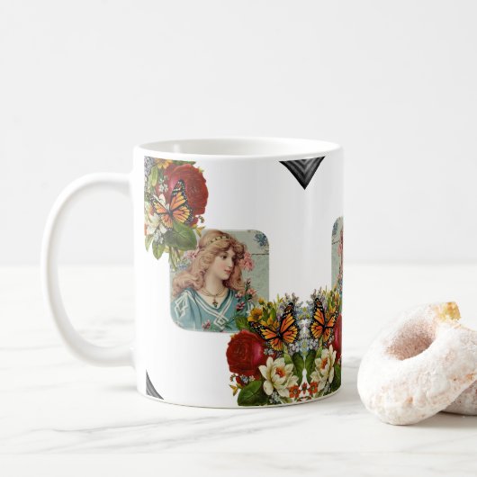Mug de femme victorienne papillon floral (Avec donut)